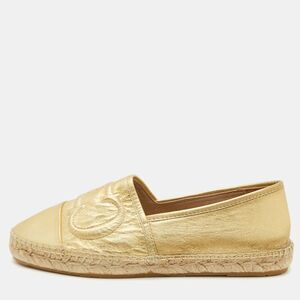 Ch Carolina Herrera Size 37 Metallic Gold Leather Initials Insignia Espadrilles